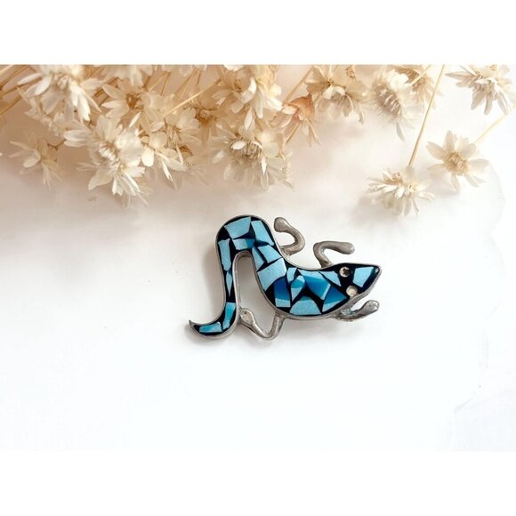 Mosaic Turquoise Lizard Mexican Made TR-19 Vintage Sterling Silver Brooch Pin - Picture 8 of 10